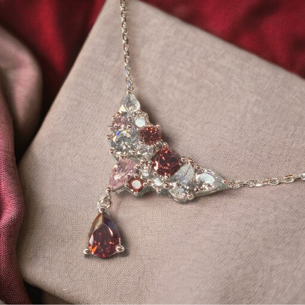 NEW Fancy Ruby, Pink & White High Carbon Diamond Simulant Cluster Necklace
